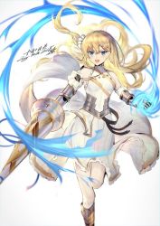 Rule 34 | 1girl, armor, bare shoulders, blonde hair, blue eyes, blush, boots, braid, breasts, character request, charging (attack), copyright request, dated, dress, floating hair, french braid, gauntlets, hair between eyes, hair ornament, hair ribbon, hairclip, halterneck, heiwari kanade, holding, holding lance, holding polearm, holding weapon, knee boots, kneehighs, lance, leg up, light particles, long hair, looking at viewer, medium breasts, open mouth, polearm, powering up, ribbon, sidelocks, signature, simple background, sleeveless, sleeveless dress, socks, solo, very long hair, weapon, white background, white ribbon, wind