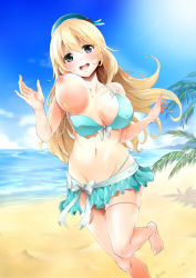 Rule 34 | 10s, 1girl, aqua bikini, atago (kancolle), bad id, bad pixiv id, barefoot, beach, beret, bikini, blonde hair, blue eyes, blue sky, blush, bouncing breasts, branch, breast slip, breasts, breasts out, cleavage, cloud, collarbone, covered erect nipples, day, female focus, footprints, grey eyes, hat, kantai collection, large breasts, long hair, looking at viewer, navel, neet co., nipples, one breast out, open mouth, outdoors, palm tree, running, shadow, skindentation, sky, smile, solo, standing, standing on one leg, string bikini, sun, swimsuit, tree, unaligned breasts, wardrobe malfunction