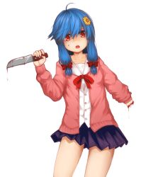 Rule 34 | 1girl, ahoge, amputee, black skirt, bleeding, blood, blood drip, blue hair, bow, bowtie, buttons, cardigan, chestnut mouth, commentary request, contrapposto, cookie (touhou), cowboy shot, fingernails, flat chest, flower, guro, hair between eyes, hair flower, hair ornament, holding, holding knife, kitchen knife, knife, long bangs, looking at viewer, miniskirt, miramikaru miran, open mouth, pink cardigan, pleated skirt, red bow, red bowtie, red eyes, shirt, simple background, skirt, solo, white background, white shirt, yellow flower, za(mentan)ku