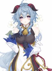 Rule 34 | 1girl, 4 ki, ahoge, bare shoulders, bell, blue hair, blush, breasts, chinese knot, cowboy shot, detached sleeves, floral background, flower, flower knot, ganyu (genshin impact), genshin impact, gold trim, hand on own chest, highres, horns, long hair, looking at viewer, medium breasts, neck bell, parted lips, purple eyes, qingxin flower, revision, sidelocks, smile, solo, tassel, vision (genshin impact), white background, white flower, white sleeves