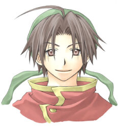 Rule 34 | 1boy, ahoge, bad id, bandana, brown hair, gensou suikoden, green bandana, happy, high collar, looking at viewer, lowres, male focus, parted bangs, rendezvous, short hair, simple background, smile, solo, tir mcdohl, upper body, white background