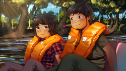 Rule 34 | 10s, 1boy, 1girl, 2014, artist name, artist self-insert, beard, black hair, blush, brown eyes, couple, dated, eye contact, facial hair, heart, idfer, life vest, looking at another, original, outdoors, signature, sitting, smile, sweat, tree