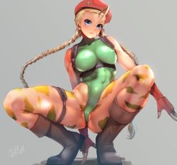 Rule 34 | 1girl, ahoge, beret, black footwear, blonde hair, blue eyes, boots, braid, breasts, cammy white, camouflage, covered navel, facial scar, fingerless gloves, gloves, green leotard, grey background, hat, highres, huge ahoge, leotard, long hair, medium breasts, red hat, scar, scar on cheek, scar on face, shourin bonzu, simple background, solo, spread legs, squatting, street fighter, thong leotard, twin braids, twintails