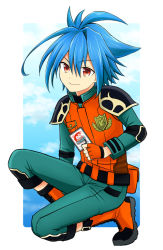 Rule 34 | 10s, 1boy, blue hair, blue sky, boots, card, child, cloud, fingerless gloves, future card buddyfight, gloves, looking at viewer, male focus, ryuuenji tasuku, sky, smile, solo