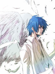 Rule 34 | 1boy, angel wings, blue eyes, blue hair, feathers, himitsu ~kuro no chikai~ (vocaloid), izuxco, kaito (vocaloid), male focus, matching hair/eyes, simple background, solo, vocaloid, wings