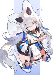 Rule 34 | 1girl, animal ears, arm support, bad id, bad twitter id, black sailor collar, blue ribbon, blush, breasts, finger to own chin, fox ears, fox girl, fox tail, full body, hair between eyes, hair ribbon, highres, jacket, kneeling, long hair, looking at viewer, low twintails, mamuru, no pants, open mouth, original, ribbon, sailor collar, small breasts, solo, tail, thighhighs, triforce print, twintails, very long hair, white eyes, white hair, white jacket, white thighhighs