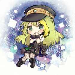 Rule 34 | 1girl, alina gray, aqua eyes, black bow, black footwear, black hat, black vest, blonde hair, blush, bow, chain, chibi, collar, detached collar, doppel (madoka magica), fishnet thighhighs, fishnets, full body, fur-trimmed thighhighs, fur trim, green hair, hand to own mouth, hat, long hair, looking at viewer, magia record: mahou shoujo madoka magica gaiden, magical girl, mahou shoujo madoka magica, multicolored clothes, multicolored hair, multicolored skirt, old dorothy, peaked cap, pleated skirt, puffy short sleeves, puffy sleeves, short sleeves, sidelocks, skirt, smile, solo, streaked hair, striped clothes, striped skirt, suzukkyu, thighhighs, v-neck, vertical-striped clothes, vertical-striped skirt, vest, waist bow, white collar