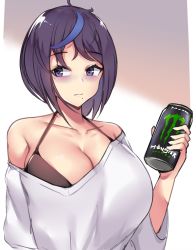 Rule 34 | 1girl, bags under eyes, bikini, breasts, can, cleavage, energy drink, holding, holding can, kuavera, large breasts, looking away, medium hair, miyako (kuavera), mole, mole under mouth, monster energy, multicolored hair, off shoulder, original, product placement, purple hair, shirt, solo, streaked hair, swimsuit, upper body, white shirt