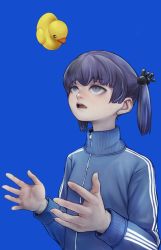 Rule 34 | 1girl, absurdres, blue background, blue hair, blue jacket, female focus, hair bobbles, hair ornament, highres, jacket, open mouth, original, rubber duck, shibata ico, simple background, solo, track jacket, turtleneck, turtleneck jacket, twintails, upper body