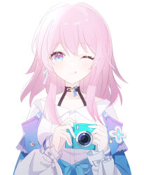 Rule 34 | 1girl, ;p, absurdres, black choker, blue eyes, blue jacket, breasts, camera, choker, collarbone, commentary request, earrings, flower ornament, hair between eyes, hands up, highres, holding, holding camera, honkai: star rail, honkai (series), jacket, jewelry, long sleeves, looking at viewer, march 7th (honkai: star rail), medium breasts, medium hair, one eye closed, pink eyes, pink hair, shirt, simple background, single earring, solo, straight-on, tied jacket, tongue, tongue out, two-tone eyes, upper body, user vsps7528, white background, white shirt
