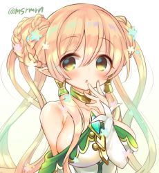 Rule 34 | 1girl, bad id, bad pixiv id, blonde hair, blush, braid, braided bun, breasts, brooch, double bun, dress, freyja (p&amp;d), gradient background, gradient hair, green eyes, green hair, hair bun, hair tubes, jewelry, large breasts, long hair, mashiro miru, multicolored hair, necklace, open mouth, pointy ears, puzzle &amp; dragons, solo, twitter username, yellow background