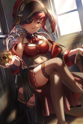 Rule 34 | 1girl, absurdres, arrow through heart, ascot, black coat, black skirt, breasts, brooch, chair, cleavage, coat, cropped jacket, crossed legs, cup, drink, eto sister, eyepatch, feet out of frame, frilled shirt collar, frills, gloves, gold trim, hair ribbon, hat, highres, holding, holding skull, hololive, houshou marine, indoors, jacket, jewelry, leotard, leotard under clothes, long hair, looking at viewer, medium breasts, miniskirt, off shoulder, on chair, parted lips, pirate hat, pleated skirt, red ascot, red hair, red jacket, red ribbon, ribbon, see-through, see-through cleavage, see-through leotard, sitting, skirt, skull, skull cup, sleeveless, sleeveless jacket, smile, solo, thighhighs, twintails, virtual youtuber, white gloves, yellow eyes