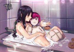 Rule 34 | 2girls, absurdres, android, bath, bathing, bathroom, bathtub, betty (va-11 hall-a), black hair, breasts, colored skin, commentary, commission, completely nude, convenient censoring, dorothy haze, gotuya, hair down, highres, hug, hug from behind, long hair, medium breasts, multiple girls, nude, purple eyes, purple hair, rubber duck, same-sex bathing, shared bathing, short hair, sitting, sitting on lap, sitting on person, small breasts, soap bubbles, soap censor, thai commentary, tile wall, tiles, va-11 hall-a, wet, wet hair, white skin, yuri
