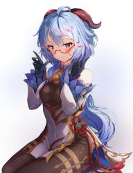Rule 34 | 1girl, ahoge, bare shoulders, bell, bespectacled, black gloves, blue hair, bodystocking, closed mouth, commentary request, covered navel, cowbell, detached sleeves, ganyu (genshin impact), genshin impact, glasses, gloves, goat horns, gold trim, hands up, highres, horns, index finger raised, kanon (kanon kanon0770), long hair, looking at viewer, pelvic curtain, purple eyes, red-framed eyewear, seiza, semi-rimless eyewear, sidelocks, sitting, smile, solo, tassel, vision (genshin impact)