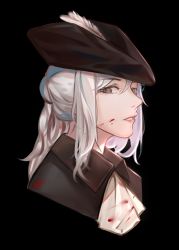 Rule 34 | 1girl, absurdres, ascot, black background, blood, blood on clothes, blood on face, blood splatter, blood stain, bloodborne, close-up, grey eyes, hat, hat feather, highres, lady maria of the astral clocktower, long hair, looking at viewer, milu (pixiv8523021), open mouth, ponytail, simple background, solo, the old hunters, tricorne, white hair