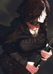 Rule 34 | 1girl, bandages, black dress, black hair, breasts, choker, cloak, commentary request, covered eyes, dark background, demon&#039;s souls, dress, highres, holding, holding staff, hood, hooded cloak, jewelry, jun (navigavi), long sleeves, maiden in black, necklace, short hair, solo, staff