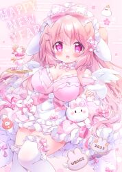 Rule 34 | 1girl, 2023, animal ears, apron, bow, breasts, chiika (cure cherish), chinese zodiac, cleavage, commentary request, dress, english text, fake animal ears, frilled apron, frilled dress, frilled thighhighs, frills, hair ribbon, happy new year, large breasts, long hair, new year, open mouth, original, parfait, pink bow, pink dress, pink eyes, pink hair, pink ribbon, rabbit ears, ribbon, romaji text, smile, solo, thighhighs, two side up, white apron, white thighhighs, year of the rabbit