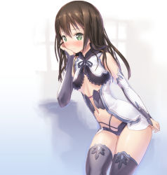Rule 34 | 10s, 1girl, black thighhighs, blush, breasts, brown hair, detached sleeves, green eyes, hand on own cheek, hand on own face, head rest, highres, idolmaster, idolmaster cinderella girls, long hair, looking at viewer, navel, shibuya rin, small breasts, solo, thighhighs, tougetsu gou, underboob