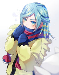 Rule 34 | 1boy, androgynous, aqua eyes, aqua hair, bishounen, blue mittens, blurry, blush, commentary request, creatures (company), eyelashes, game freak, grusha (pokemon), hands up, highres, jacket, long hair, long sleeves, male focus, mittens, nintendo, pokemon, pokemon sv, rukito, scarf, striped clothes, striped scarf, trap, yellow jacket