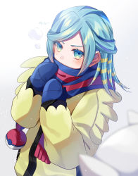 1boy androgynous aqua_eyes aqua_hair bishounen blue_mittens blurry blush commentary_request creatures_(company) eyelashes game_freak grusha_(pokemon) hands_up highres jacket long_hair long_sleeves male_focus mittens nintendo pokemon pokemon_sv rukito scarf striped_clothes striped_scarf trap yellow_jacket