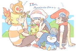 Rule 34 | 1girl, 2boys, :d, ^ ^, anniversary, arms behind back, barry (pokemon), beanie, beret, berry (pokemon), black pants, blonde hair, blue eyes, blue hair, blue pants, chimchar, closed eyes, closed mouth, creatures (company), dawn (pokemon), game freak, gen 4 pokemon, green eyes, green scarf, hair ornament, hands on own face, hands up, hat, katiko, leppa berry, lucas (pokemon), multiple boys, nintendo, no nose, on head, open mouth, pants, pink footwear, piplup, pokemon, pokemon (creature), pokemon dppt, pokemon on head, red headwear, red scarf, scarf, shirt, short hair, short sleeves, sitting, smile, squatting, starter pokemon trio, striped clothes, striped shirt, turtwig, twitter username, white headwear
