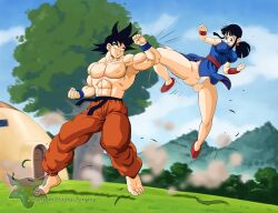 Rule 34 | black hair, blocking, chi-chi (dragon ball), couple, dragon ball, grass, highres, husband and wife, kicking, muscular, muscular male, panties, smile, son goku, tagme, topless male, training, underwear