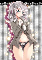 Rule 34 | 1girl, aka kitsune, blue eyes, collarbone, commentary request, curly hair, frilled panties, frills, gloves, kantai collection, kashima (kancolle), long hair, looking at viewer, navel, panties, silver hair, smile, solo, striped clothes, striped panties, twintails, underwear, vertical-striped clothes, vertical-striped panties, white gloves