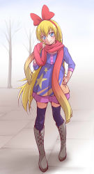 Rule 34 | 1girl, absurdres, blonde hair, blue dress, blue eyes, blue thighhighs, blush, boots, bow, closed mouth, dokidoki! precure, dress, floating hair, full body, gradient scarf, grey footwear, hair bow, hairband, hand on own hip, highres, knee boots, long hair, long sleeves, miniskirt, ogry ching, pleated skirt, precure, print thighhighs, purple skirt, red bow, red hairband, red scarf, regina (dokidoki! precure), scarf, short dress, skirt, skirt under dress, smile, solo, standing, thighhighs, very long hair, yellow scarf, zettai ryouiki