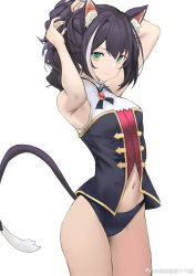 Rule 34 | 1girl, animal ear fluff, animal ears, arms up, black panties, breasts, brooch, cat ears, cat girl, cat tail, closed mouth, cowboy shot, expressionless, green eyes, jewelry, juu roku gen, karyl (princess connect!), long hair, multicolored hair, navel, no pants, panties, ponytail, princess connect!, purple hair, simple background, small breasts, solo, streaked hair, tail, tying hair, underwear, weibo watermark, white background