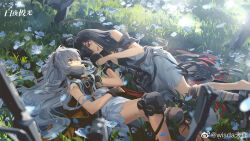 Rule 34 | 2girls, absurdly long hair, ahoge, alchemy stars, ankle cuffs, bandaged leg, bandages, black hair, blurry, blurry foreground, chinese commentary, colored inner hair, copyright name, covered mouth, dawn (alchemy stars), dress, eve (alchemy stars), feet out of frame, field, flower, flower field, grass, grey dress, grey hair, hair over one eye, hairband, highres, knee pads, long hair, looking at another, lying, mittens, multicolored hair, multiple girls, on back, on side, open mouth, outdoors, red eyes, sleeveless, sleeveless dress, smile, torn clothes, torn dress, very long hair, weibo watermark, wisda