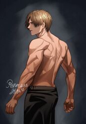 Rule 34 | 1boy, artist name, back, black pants, blue eyes, brown hair, curtained hair, from side, grey background, highres, leon s. kennedy, male focus, muscular, muscular male, pants, parted lips, ranma88hita, resident evil, resident evil 4, resident evil 4 (remake), short hair, signature, simple background, standing, topless male