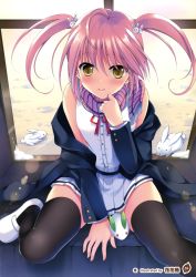 Rule 34 | 1girl, absurdres, ahoge, artist name, between legs, black jacket, black thighhighs, bow, rabbit hair ornament, hair bow, hair ornament, hanahanamaki, hand between legs, highres, jacket, long hair, looking at viewer, miniskirt, neck ribbon, off shoulder, original, page number, pink hair, pleated skirt, purple scarf, rabbit, red ribbon, ribbon, scarf, shirt, shoes, sitting, skirt, sleeveless, sleeveless shirt, snow rabbit, solo, thighhighs, twintails, white footwear, white shirt, white skirt, window, yellow eyes