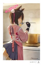 Rule 34 | 1girl, absurdres, animal ear fluff, animal ears, apron, black gloves, blue archive, blue sailor collar, blue skirt, border, brown hair, dated, film grain, fox ears, fox tail, from behind, gloves, halo, highres, holding, holding ladle, indoors, izuna (blue archive), japanese clothes, kimono, ladle, long sleeves, looking at viewer, mr-shin, orange tail, partially fingerless gloves, pink apron, pink kimono, sailor collar, short hair, signature, skirt, solo, tail, white border, yellow eyes