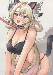 Rule 34 | 1girl, absurdres, all fours, animal ears, black bra, black panties, blonde hair, blue eyes, blush, bow, bow bra, bra, breasts, cat ears, cat tail, cleavage, collar, collarbone, commission, eien project, fake animal ears, fake tail, hair between eyes, highres, human dog, large breasts, leash, long hair, open mouth, panties, pet play, pink collar, skeb commission, skye shinryu, solo, tail, teeth, tenpa (tenpa2190), tongue, tongue out, underwear, underwear only, upper teeth only, virtual youtuber