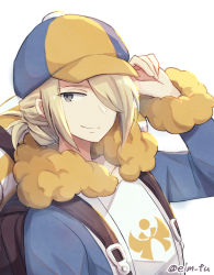 Rule 34 | 1boy, backpack, bag, baseball cap, blonde hair, brown bag, closed mouth, collarbone, commentary request, creatures (company), fur trim, game freak, grey eyes, hair over one eye, hand on headwear, hand up, hat, highres, looking to the side, male focus, nanashino (7shino gs), nintendo, pokemon, pokemon legends: arceus, short hair, simple background, smile, solo, split mouth, upper body, volo (pokemon), white background