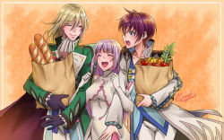 Rule 34 | 1girl, 2boys, :d, apple, asbel lhant, bag, baguette, bottle, bread, coat, dress, elbow gloves, closed eyes, food, fruit, gloves, green coat, grocery bag, highres, holding, holding own arm, long hair, long sleeves, multiple boys, official alternate costume, open clothes, open coat, open mouth, orange background, pants, pepper, purple eyes, purple gloves, purple hair, red apple, red hair, richard (tales), shopping bag, sideways mouth, smile, sophie (tales), tales of (series), tales of graces, teeth, upper teeth only, usagi nagomu, white dress, white pants, wine bottle