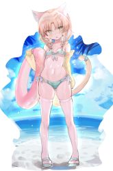 Rule 34 | 1girl, animal ears, aqua hair, beach, bikini, bird, blonde hair, blush, breasts, cat ears, cat girl, cat tail, cloud, day, full body, green bikini, holding, holding swim ring, innertube, jacket, low twintails, mole, mole under eye, multicolored hair, ocean, open clothes, open jacket, original, parted lips, sandals, short twintails, skindentation, sky, small breasts, solo, standing, sweat, swim ring, swimsuit, tail, thighhighs, twintails, water, white thighhighs, yellow jacket, you guo chaocai