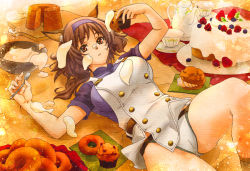 Rule 34 | 00s, 1girl, animal ears, breasts, brown eyes, brown hair, cake, cat ears, cat girl, cat tail, cup, cupcake, doughnut, female focus, final fantasy, final fantasy xi, food, lying, messy, mithra (ff11), on back, panties, solo, spoon, tachibana chata, tail, teacup, teapot, underwear