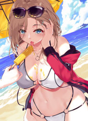 Rule 34 | 1girl, :p, absurdres, aoi (buzhuen444), bare shoulders, beach, beach umbrella, bikini, blue eyes, blue nails, blush, breasts, brown hair, cleavage, cloud, cloudy sky, collarbone, day, earrings, eyes visible through hair, eyewear on head, feeding, food, food on body, food on breasts, tucking hair, highres, holding, holding food, horizon, jacket, jewelry, large breasts, long hair, long sleeves, looking at viewer, melting, nail polish, navel, o-ring, o-ring bikini, ocean, off shoulder, open clothes, open jacket, open mouth, original, popsicle, red jacket, revision, ring, sky, solo focus, stomach, sunglasses, swimsuit, tongue, tongue out, umbrella, water, white bikini