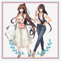 Rule 34 | 2girls, alternate costume, alternate hairstyle, bag, black hair, blouse, brown eyes, brown hair, casual, collarbone, commentary request, crossed legs, denim, dress, grey background, hair between eyes, handbag, high heels, holding, ice cream cone, jeans, jewelry, kantai collection, kasumi (skchkko), long hair, looking at viewer, low-tied long hair, midriff, multiple girls, nagato (kancolle), navel, necklace, open mouth, pants, pink bag, ponytail, shirt, short sleeves, shoulder pouch, simple background, smile, watson cross, white dress, white shirt, yamato (kancolle)