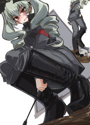 Rule 34 | 1girl, 1other, absurdres, anchovy (girls und panzer), anzio military uniform, belt, black belt, black footwear, black necktie, black ribbon, black shirt, blush, boots, cellphone, commentary request, dress shirt, drill hair, girls und panzer, green hair, grey jacket, grey pants, hair ribbon, highres, holding, holding phone, holding riding crop, isofude, jacket, knee boots, long hair, long sleeves, looking at viewer, military, military uniform, mud, necktie, open mouth, pants, partial commentary, phone, red eyes, ribbon, riding crop, sam browne belt, shirt, smartphone, smile, squatting, standing, sweatdrop, textless version, twin drills, twintails, uniform, walking, wing collar