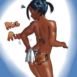 Rule 34 | 1girl, animal print, arung samudra (cessa), ass, bikini, black hair, blue eyes, body writing, cessa, commentary, dark-skinned female, dark skin, english commentary, from behind, grey bikini, hand on own ass, leopard print, lowres, ombok diving and delivery services, print bikini, short twintails, side-tie bikini bottom, standing, sweatdrop, swimsuit, towel, twintails