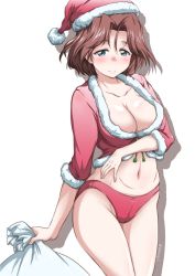 Rule 34 | 1girl, azumi (girls und panzer), bikini, blue eyes, blush, breasts, brown hair, christmas, cleavage, closed mouth, commentary, cowboy shot, fur-trimmed jacket, fur trim, girls und panzer, half-closed eyes, hat, holding, holding sack, jacket, large breasts, long sleeves, looking at viewer, navel, one-hour drawing challenge, parted bangs, red bikini, red hat, red jacket, sack, santa bikini, santa hat, shadow, short hair, simple background, smile, solo, standing, swimsuit, twitter username, white background, yts takana