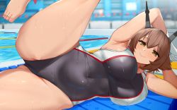 Rule 34 | 1girl, alternate costume, black one-piece swimsuit, breasts, brown hair, cameltoe, competition swimsuit, covered navel, flipped hair, green eyes, hair between eyes, hairband, headgear, highleg, highleg swimsuit, highres, indoors, kantai collection, kusaka souji, large breasts, leg lift, lying, multicolored clothes, multicolored swimsuit, mutsu (kancolle), on side, one-piece swimsuit, paid reward available, pool, poolside, radio antenna, short hair, smile, solo, swimsuit, thighs, wet, white one-piece swimsuit
