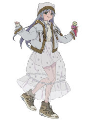 Rule 34 | 1girl, :q, absurdres, adapted costume, alternate costume, beanie, belt, blush, commentary request, food, full body, green eyes, grey hair, hat, high tops, highres, holding, holding food, hood, hooded jacket, ice cream, index (toaru majutsu no index), jacket, long hair, long sleeves, looking at viewer, nike (company), open clothes, open jacket, parka, safety pin, see-through, shirt, shoes, sidelocks, simple background, skirt, sneakers, solo, standing, sweater, teruya (6w6y), toaru majutsu no index, tongue, tongue out, white background, white hat, white jacket, white shirt, white sweater