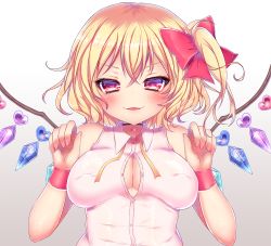 Rule 34 | 1girl, blonde hair, blush, bow, breasts, buttons, choker, cleavage, collared shirt, covered erect nipples, fang, flandre scarlet, gradient background, hair between eyes, hair bow, looking at viewer, matasabuyarou, medium breasts, multicolored background, multicolored eyes, open mouth, partially unbuttoned, pink shirt, red bow, shirt, short hair, side ponytail, sleeveless, sleeveless shirt, smile, solo, touhou, two-tone background, upper body, wristband