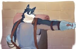 Rule 34 | 1boy, animal ear fluff, animal ears, armor, backpack, bag, bara, black eyes, black fur, body fur, brick wall, brown background, brown bag, closed mouth, commentary, dog boy, dog ears, dungeon meshi, english commentary, furry, furry male, gauntlets, highres, holding, holding sword, holding weapon, kuro (dungeon meshi), looking to the side, makfuno, male focus, outstretched arm, solo, sword, upper body, weapon, white fur