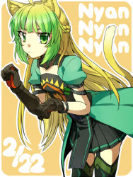 Rule 34 | 1girl, ahoge, animal ears, atalanta (fate), bad id, bad pixiv id, blonde hair, blunt bangs, cat day, cat ears, cat tail, dated, dyed bangs, fate/apocrypha, fate (series), garter straps, gloves, gradient hair, green eyes, green hair, half updo, long hair, matching hair/eyes, multicolored hair, paw pose, ruchi, solo, tail, two-tone hair