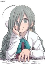 Rule 34 | 10s, 1girl, ahoge, blush, bow, enoshito, grey eyes, grey hair, hand on own cheek, hand on own face, image sample, kantai collection, kiyoshimo (kancolle), long hair, long sleeves, looking at viewer, school uniform, simple background, smile, solo, twintails, twitter username, white background