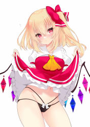 Rule 34 | 1girl, ass, black panties, blonde hair, blush, bow, bow panties, breasts, clothes lift, crystal wings, flandre scarlet, long hair, looking at viewer, panties, red eyes, red skirt, ribbon, skirt, skirt lift, small breasts, solo, thighs, tosakaoil, touhou, underwear, vampire, white background, wings
